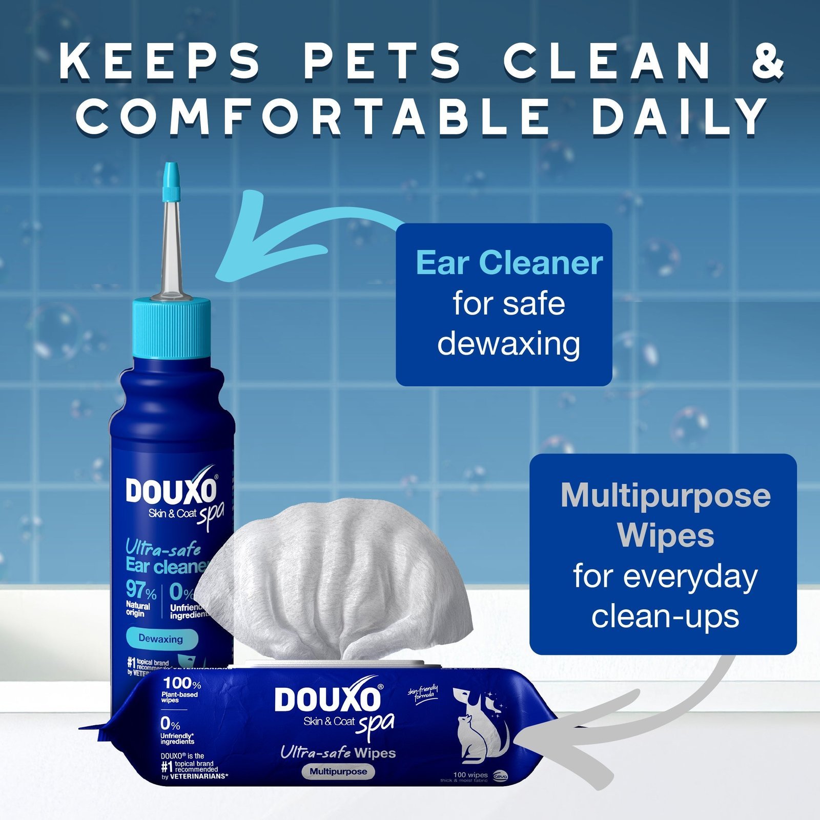 DOUXO Skin & Coat SPA Dewaxing Ear Cleaner & Multipurpose Wipes Bundle - Image 3