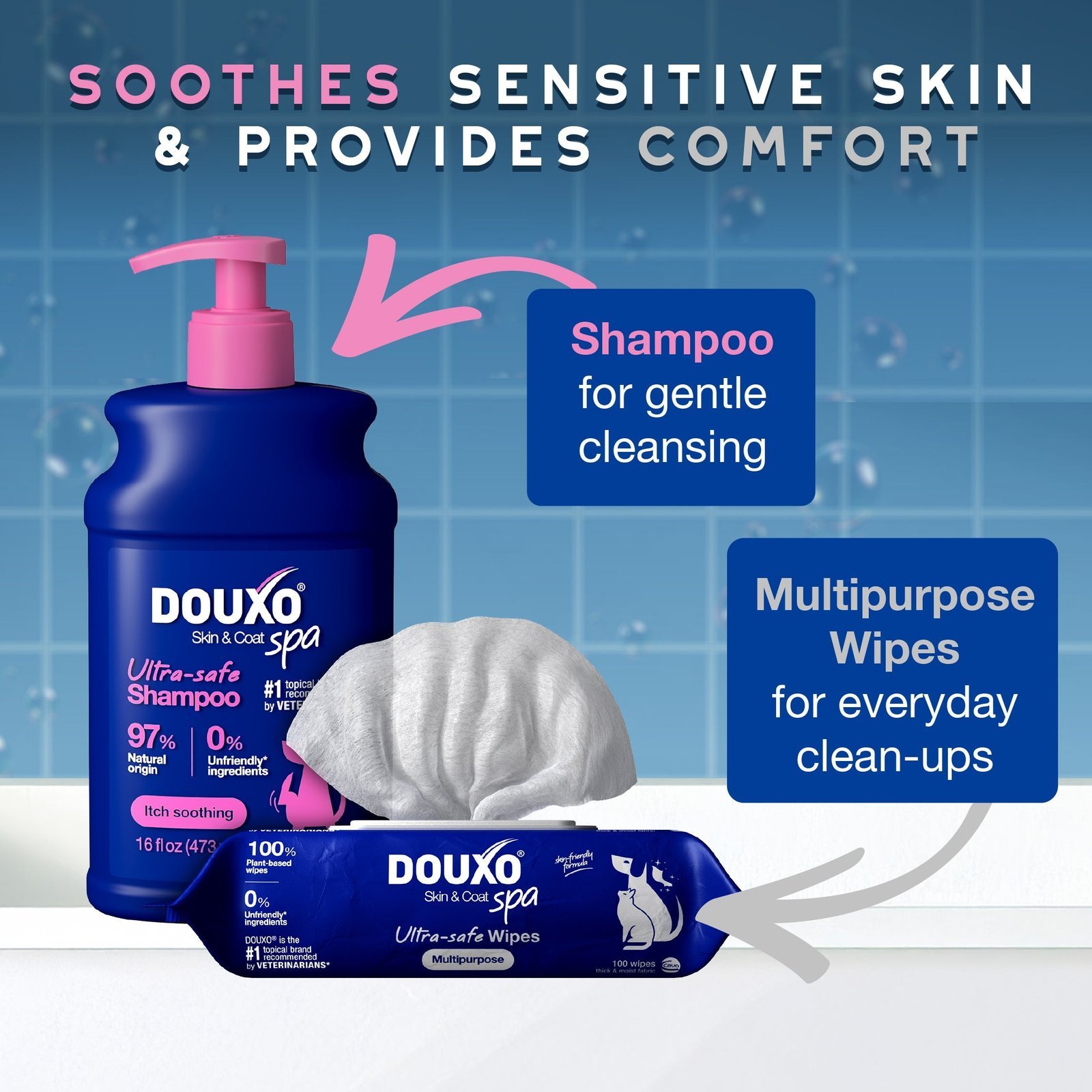 DOUXO Skin & Coat SPA Sensitive skin Soothing Shampoo & Multipurpose Wipes Bundle - Image 3