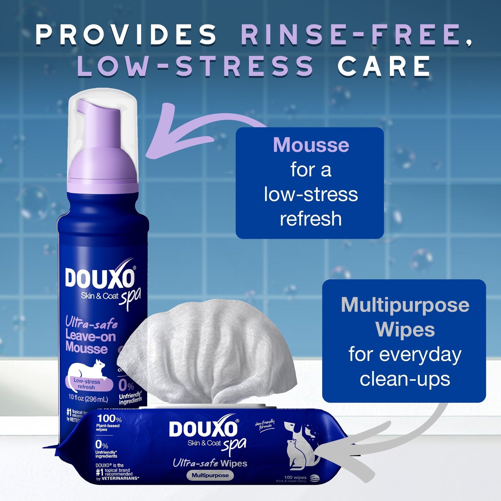 DOUXO Skin & Coat SPA Low stress Refresh Leave on Mousse & Multipurpose Wipes Bundle - Image 3